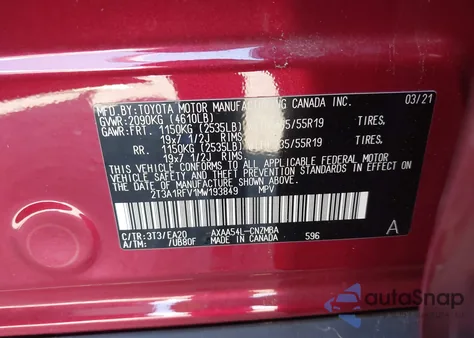 2021 Toyota Rav4 Xle Premium from USA, damaged, VIN 2T3A1RFV1MW193849